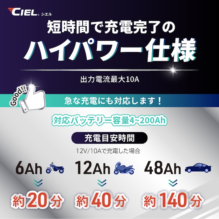 バッテリー充電器CIEL D10コンディショニングチャージャー|リチウムバッテリー対応|2りんかん
