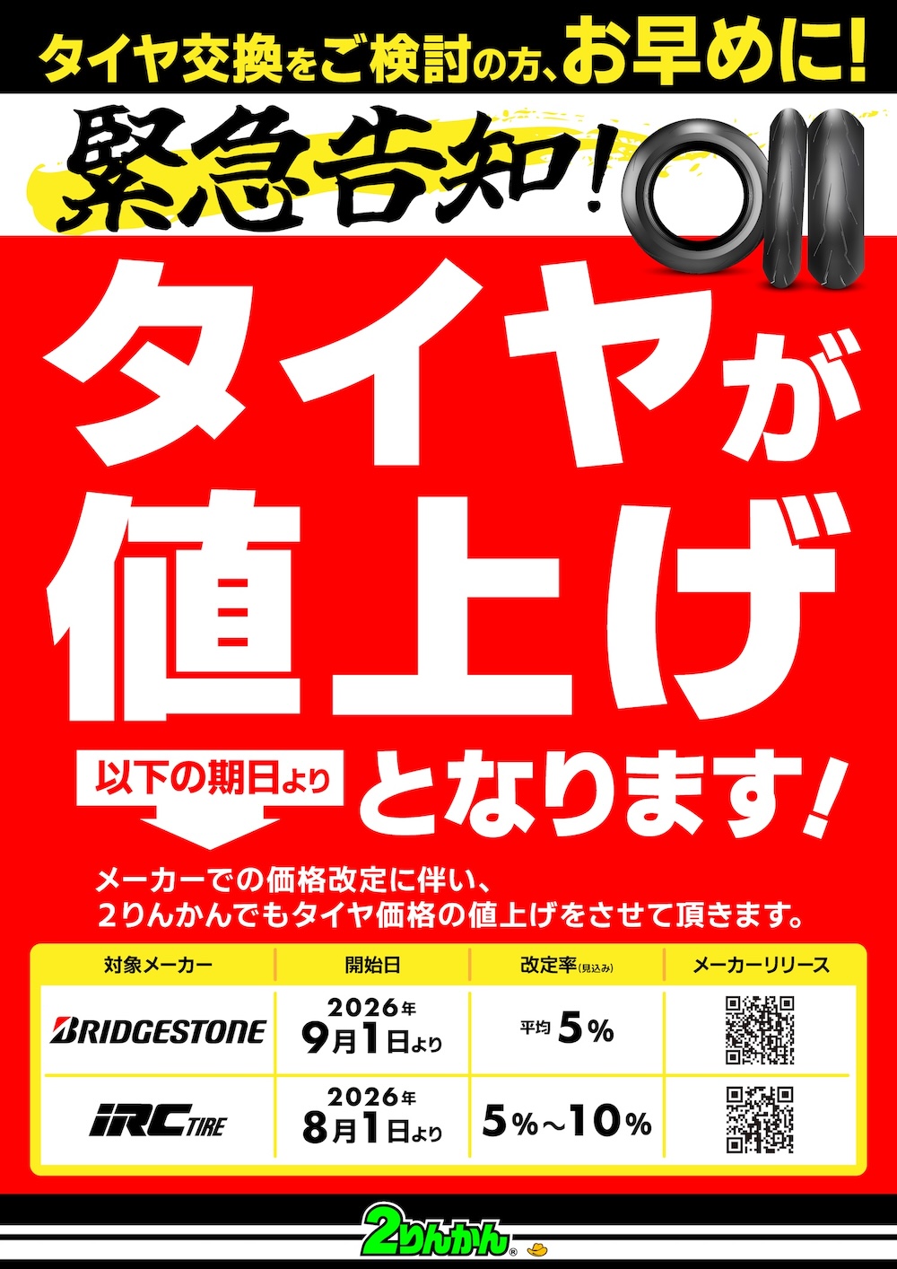 ブリヂストンタイヤ9/1〜、iRCタイヤ8/1〜値上げとなります