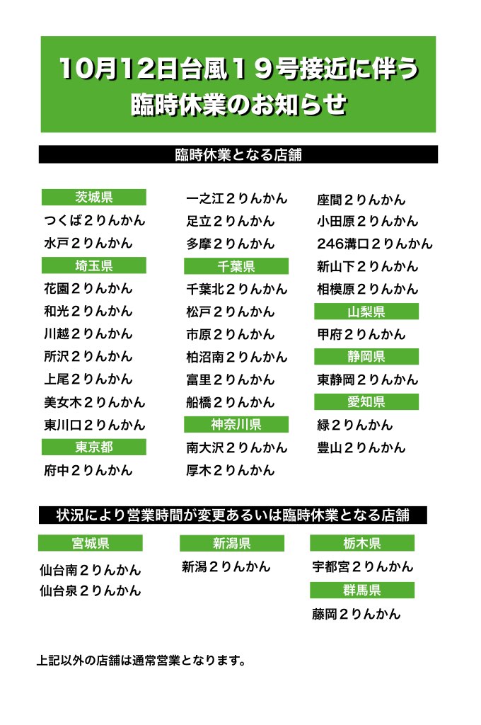 10月12日台風19号接近に伴う休業のお知らせ